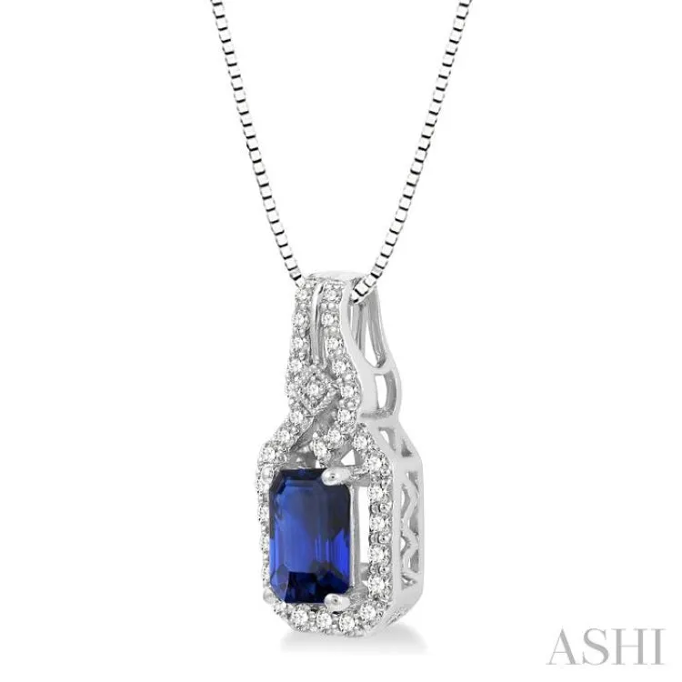 1/5 ctw Interlocking Round Cut Diamond & 6x4MM Emerald Cut Sapphire Precious Pendant With Chain in 14K White Gold