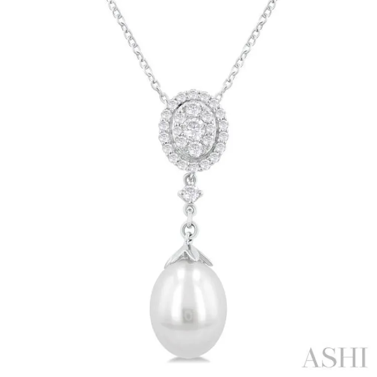 1/5 Ctw Oval Shape Mount 9X7 MM Cultured Pearl Drop and Round Cut Diamond Fashion Pendant With Chain in 14K White Gold