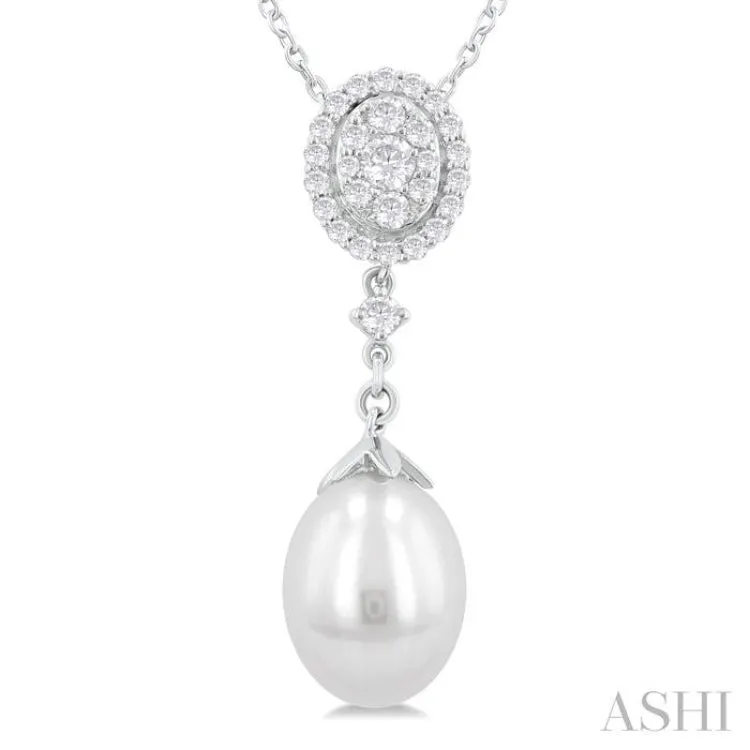 1/5 Ctw Oval Shape Mount 9X7 MM Cultured Pearl Drop and Round Cut Diamond Fashion Pendant With Chain in 14K White Gold