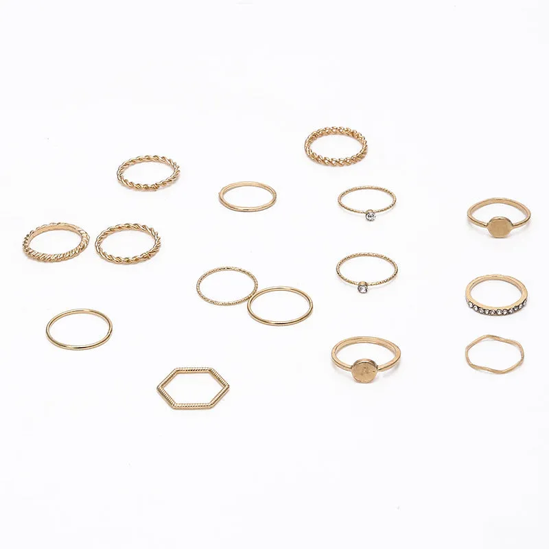 15 Pieces Diamond Rings Set with Personalized Braid Round Wave Finger Joint Tail Ring for Women