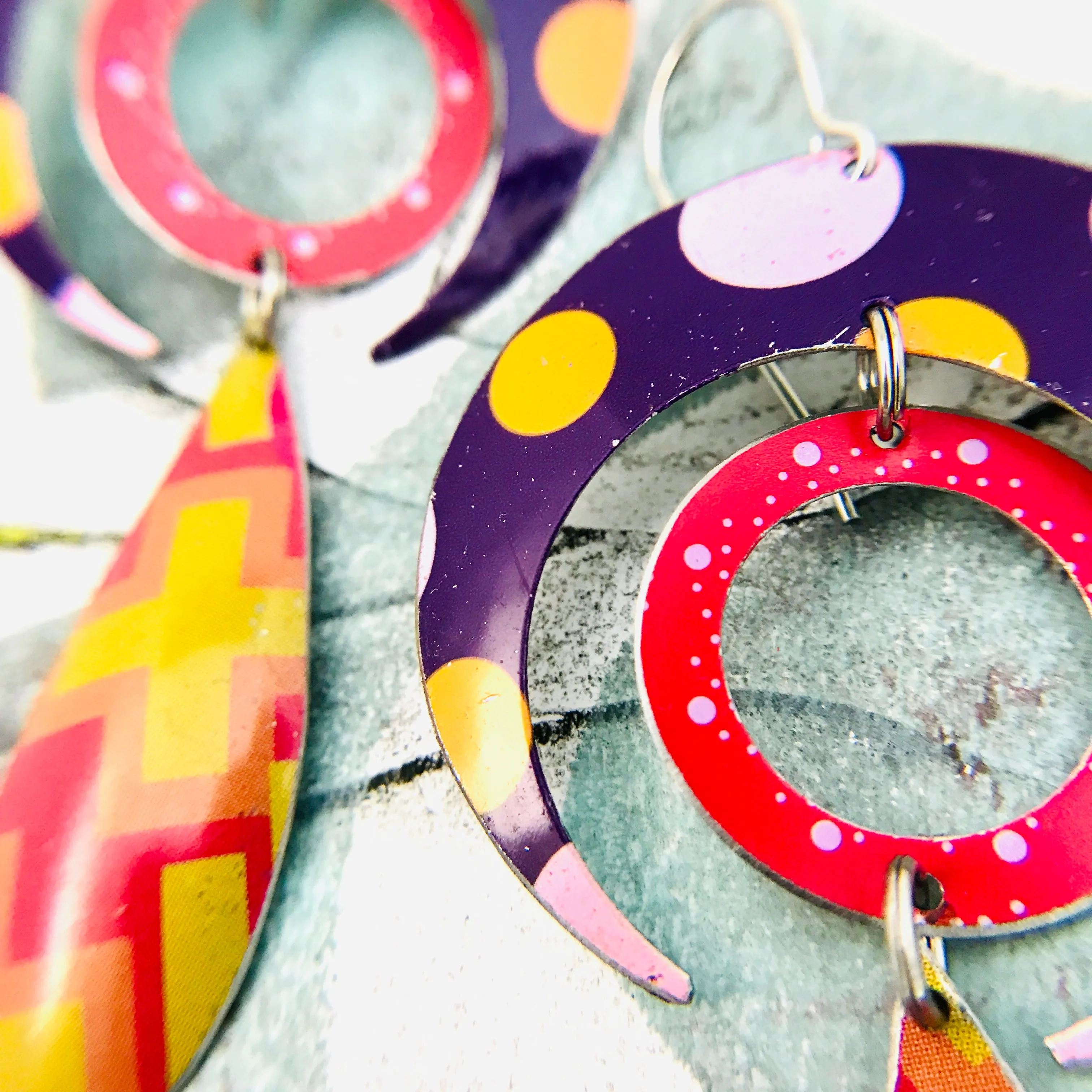 #24 Bold Patterned Protective Crescent, Sun and Rain Upcycled Tin Earrings