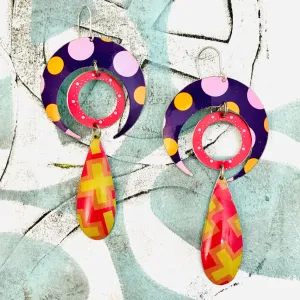 #24 Bold Patterned Protective Crescent, Sun and Rain Upcycled Tin Earrings