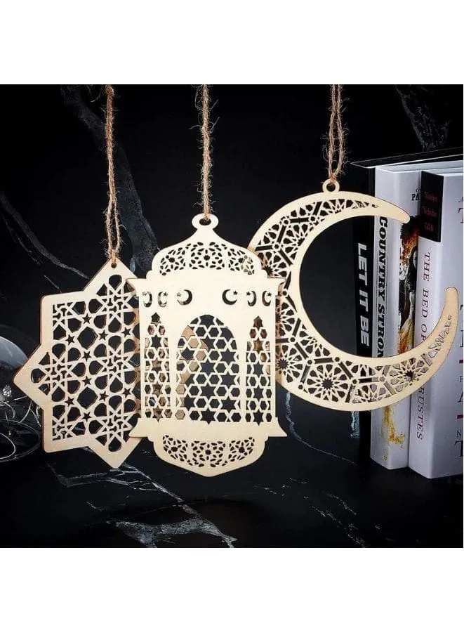 3 Pieces Wooden Hollow Pendant Ornament Eid Ramadan Festive DIY Decorations with Hanging Moon Star Wind Light Shape Ornament for Eid Mubarak, Home Wedding Party