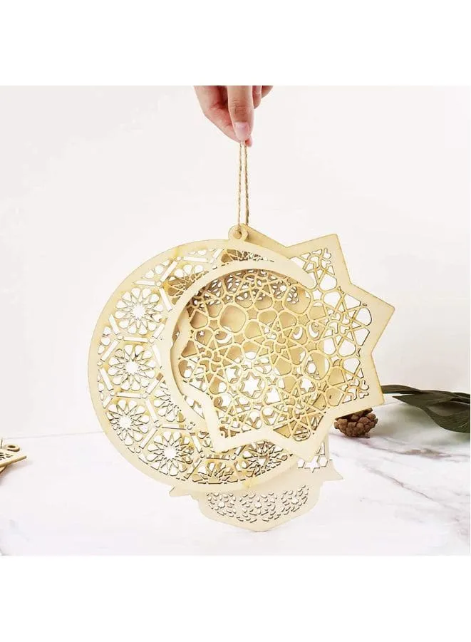 3 Pieces Wooden Hollow Pendant Ornament Eid Ramadan Festive DIY Decorations with Hanging Moon Star Wind Light Shape Ornament for Eid Mubarak, Home Wedding Party