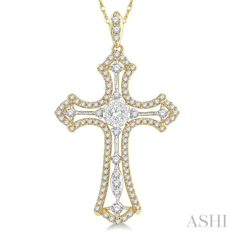 3/4 Ctw Lovebright Round Cut Diamond Cross Pendant in 14K Yellow and White Gold with chain