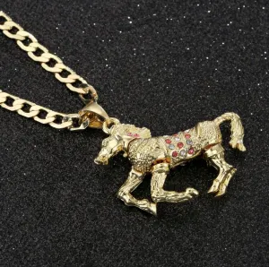 4mm Gold Filled Bonded Horse Pendant Pink Stones 24 Inch 4mm Cuban Chain