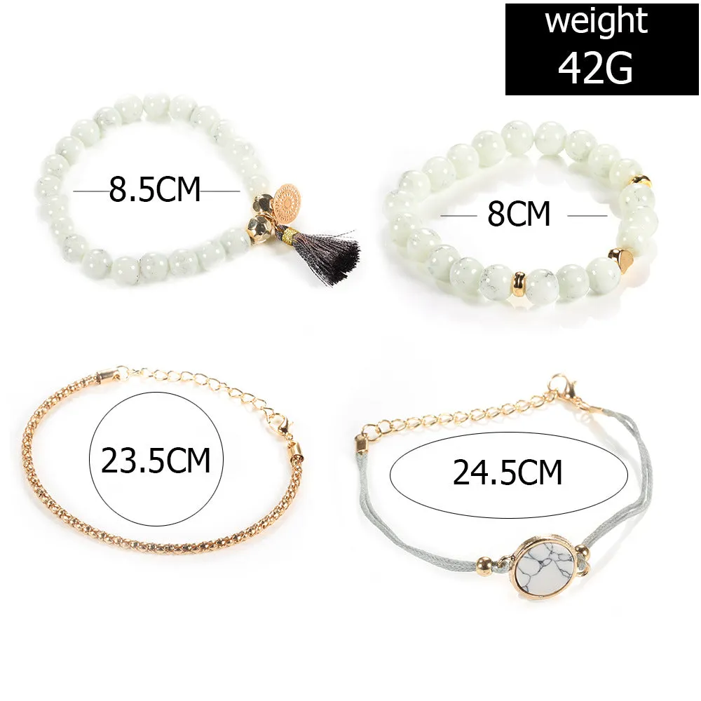 4pc Set Bohemian Round Stone Tassel Charm Bracelets for Women