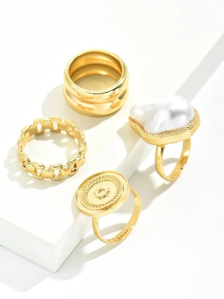 4pcs faux pearl ring in gold