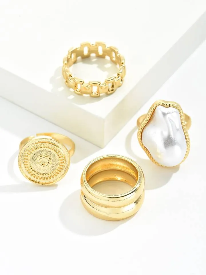 4pcs faux pearl ring in gold