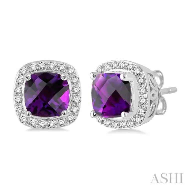 6x6 mm Cushion Cut Amethyst and 1/4 Ctw Round Cut Diamond Earrings in 14K White Gold