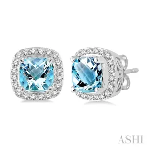 6x6 mm Cushion Cut Aquamarine and 1/4 Ctw Round Cut Diamond Earrings in 14K White Gold