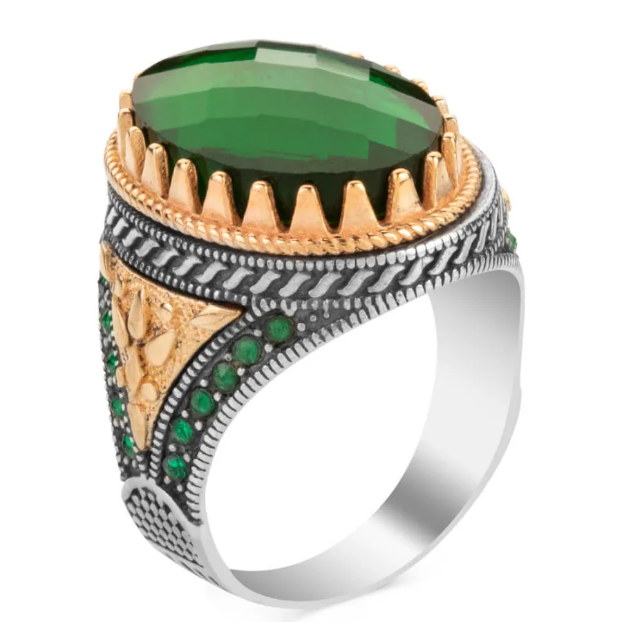 925 Silver Men's Ring With Green Zircon Ornament Stone Zirconia Ring For Men Fashionable Silver Ring