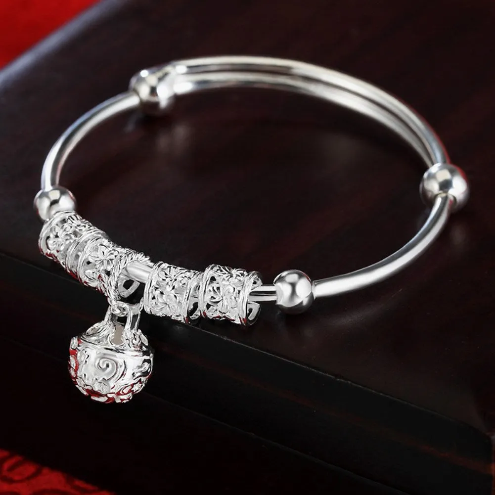 925 Sterling Silver Hollow Bells & Ball Bangle (Adjustable Bracelet)