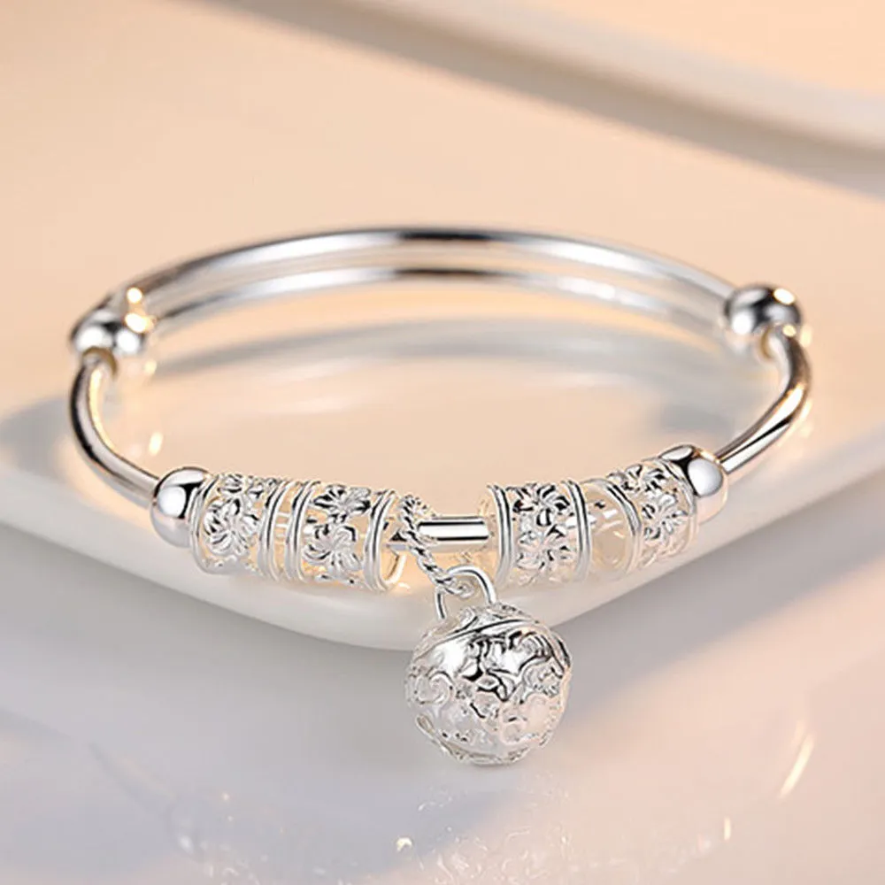 925 Sterling Silver Hollow Bells & Ball Bangle (Adjustable Bracelet)