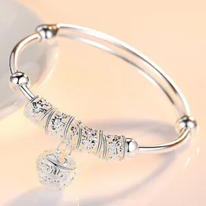 925 Sterling Silver Hollow Bells & Ball Bangle (Adjustable Bracelet)