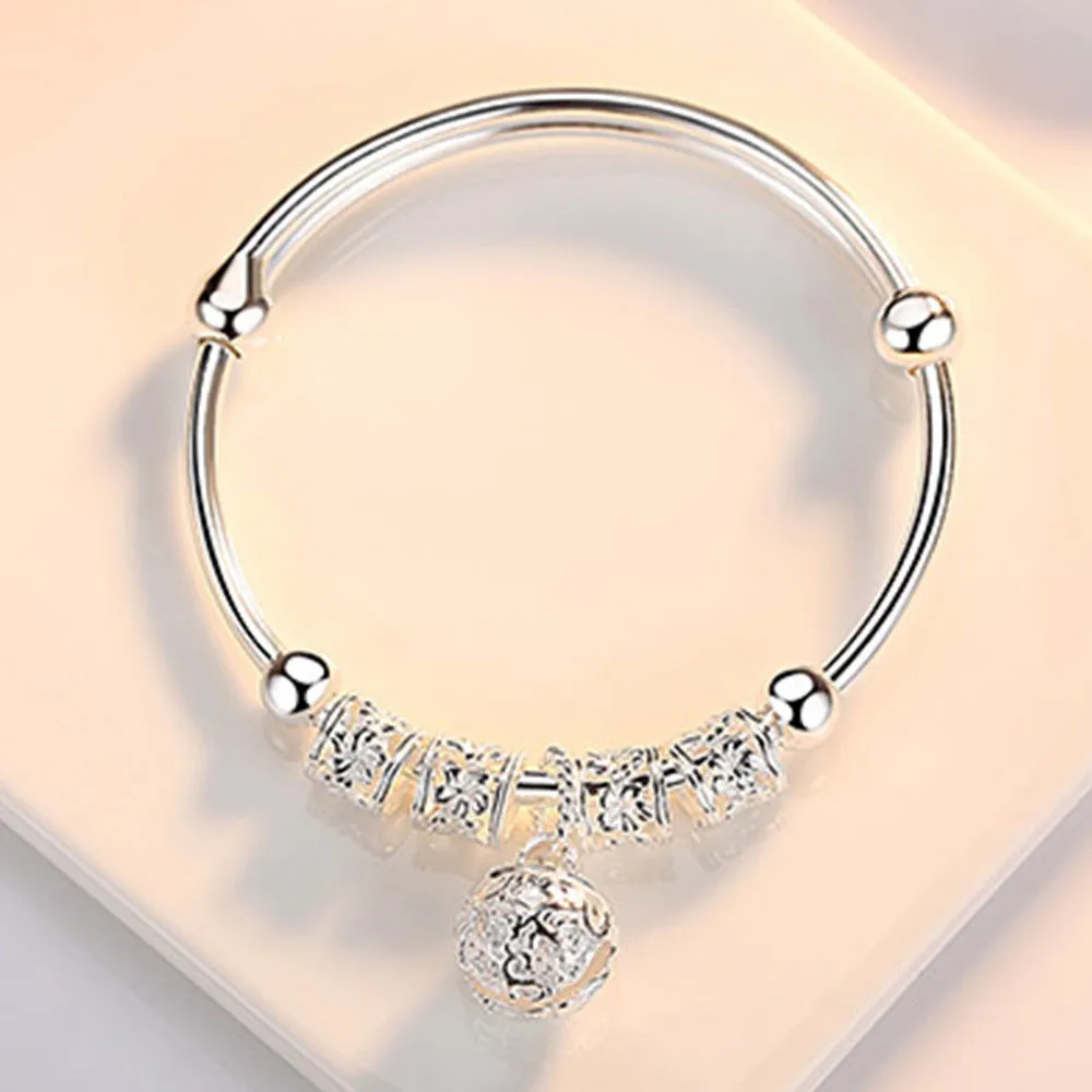 925 Sterling Silver Hollow Bells & Ball Bangle (Adjustable Bracelet)