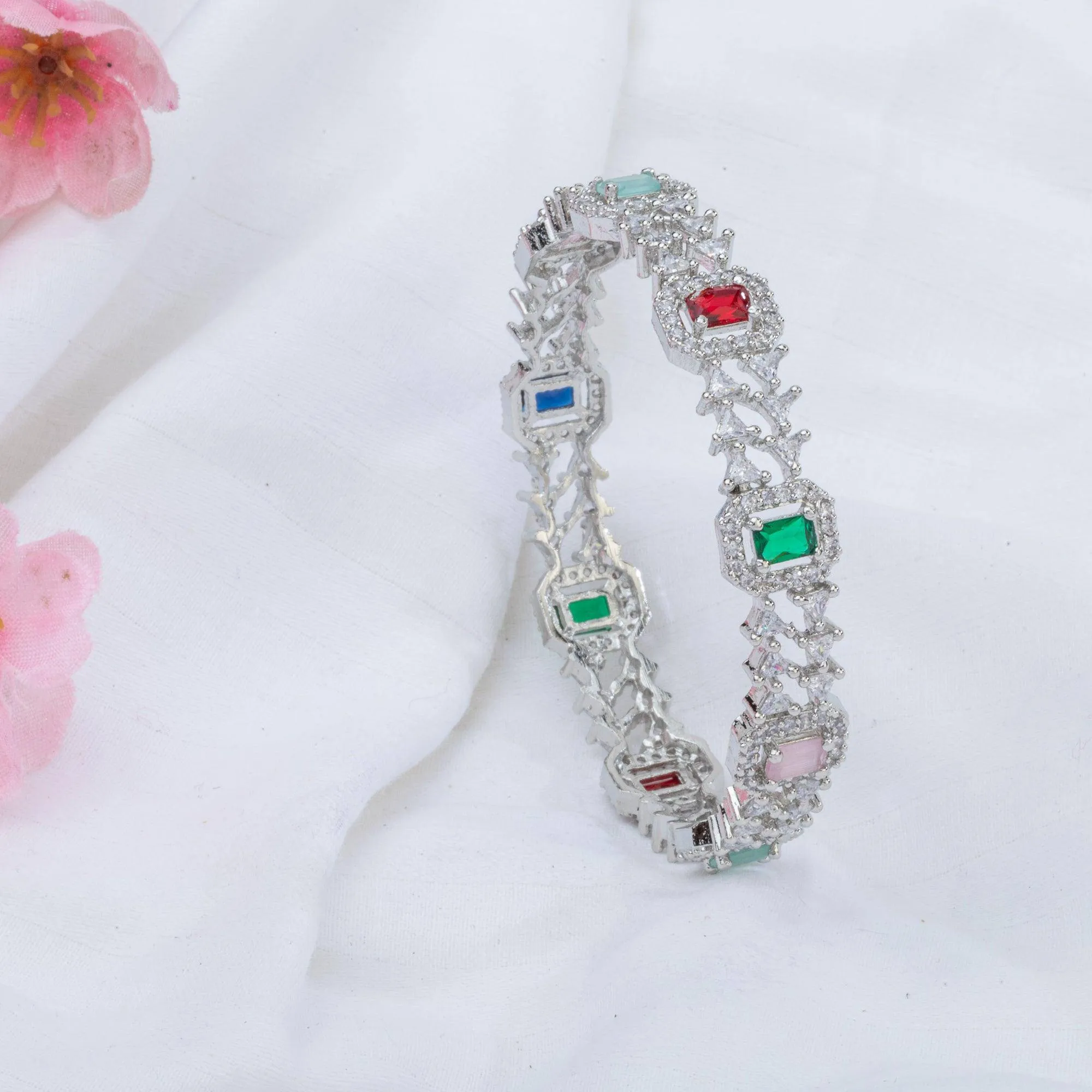 American Diamond Silver Multicolour Bangle Set