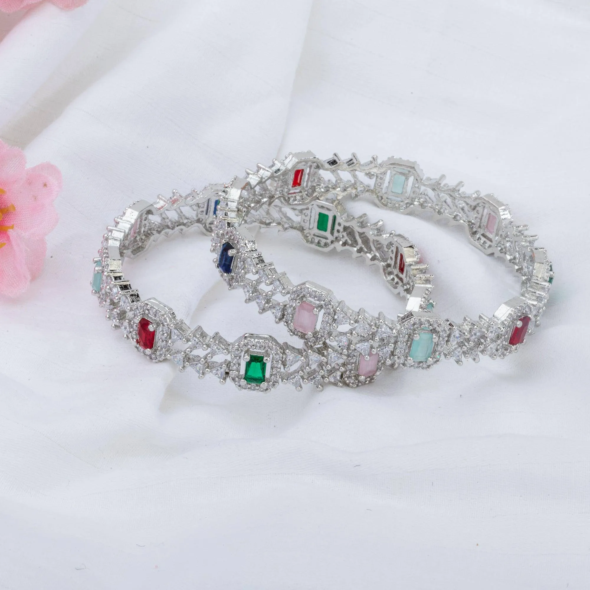 American Diamond Silver Multicolour Bangle Set