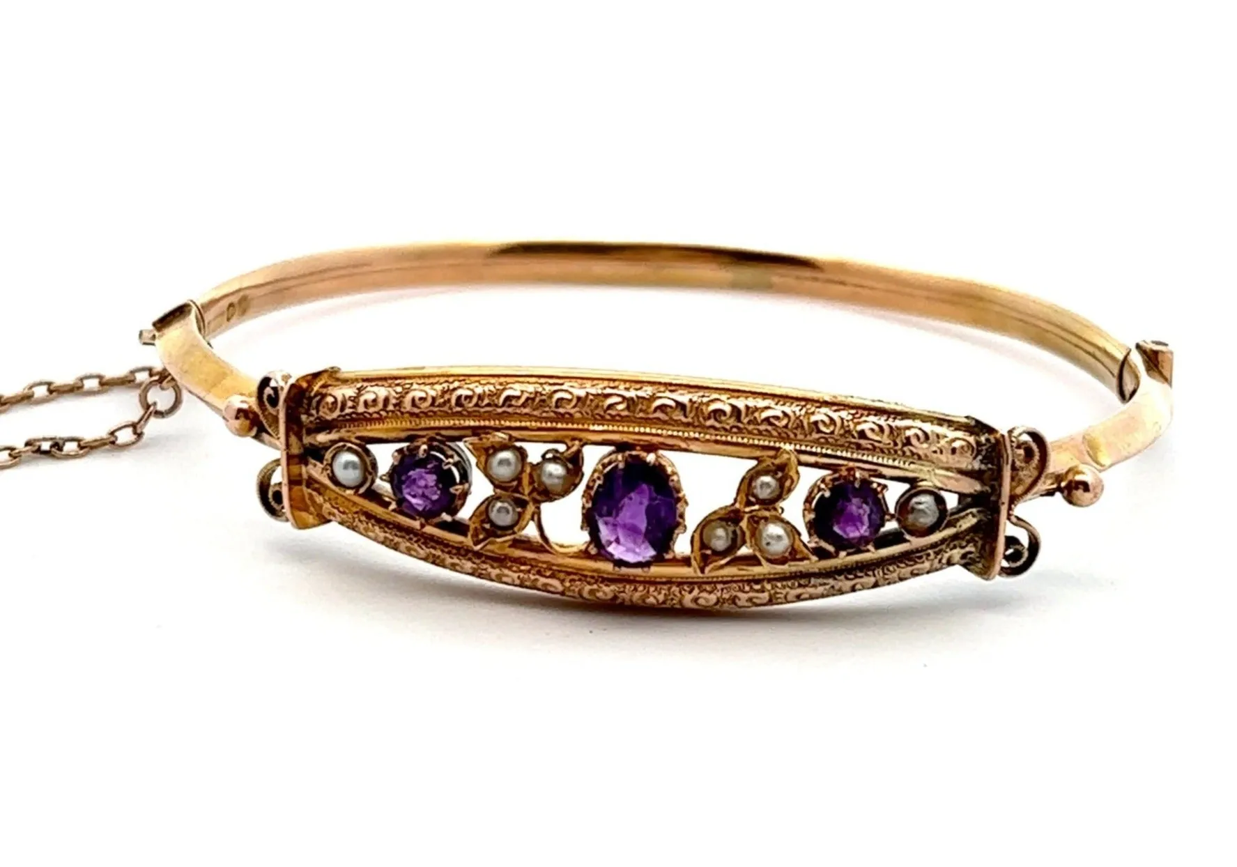 Amethyst & Pearl 9ct Yellow Gold Hinged Vintage Bangle