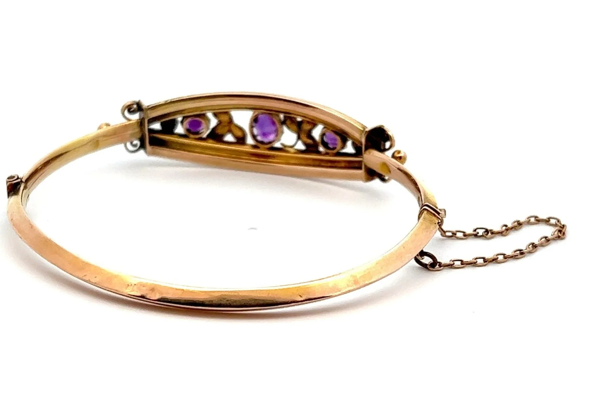 Amethyst & Pearl 9ct Yellow Gold Hinged Vintage Bangle