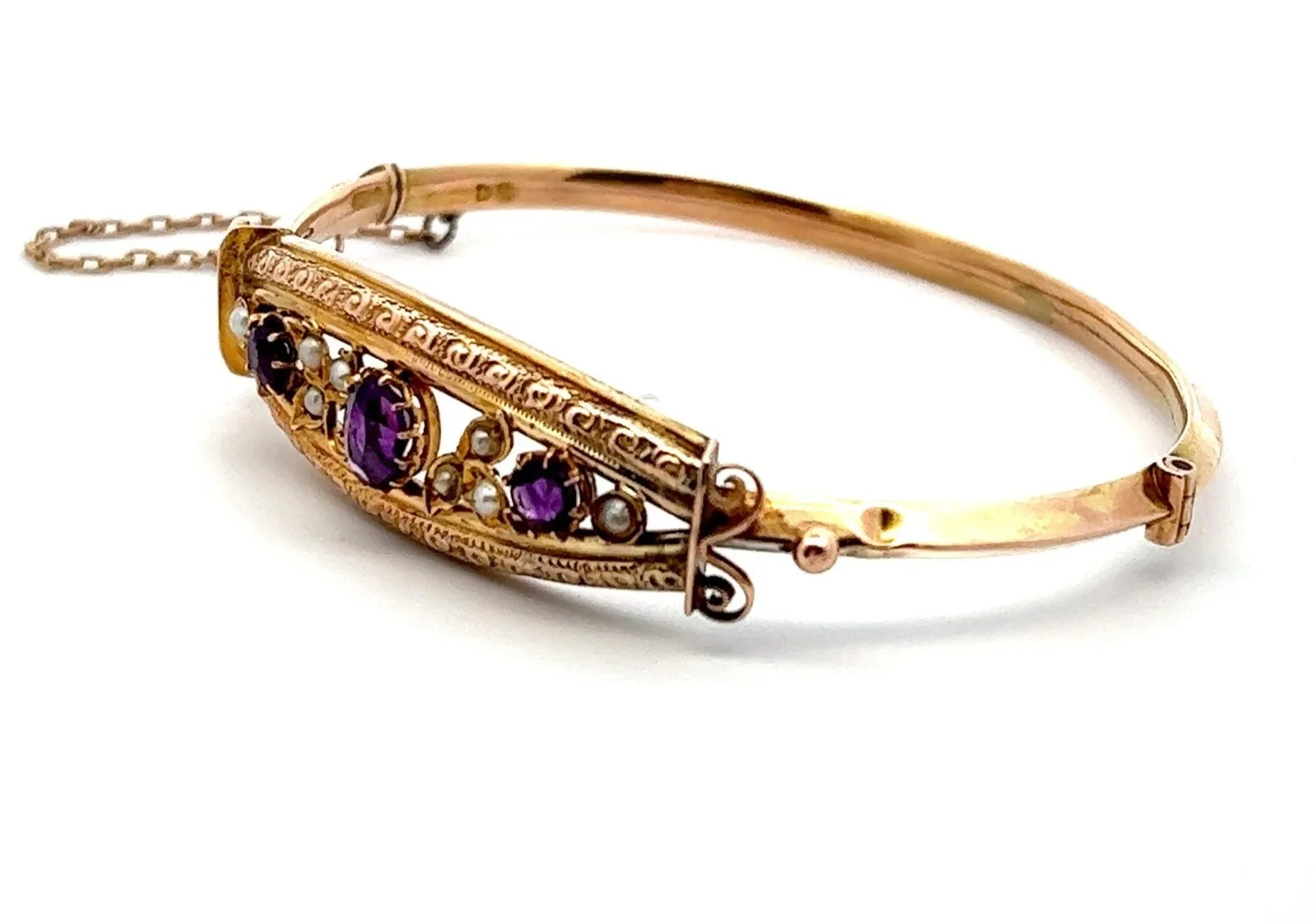 Amethyst & Pearl 9ct Yellow Gold Hinged Vintage Bangle