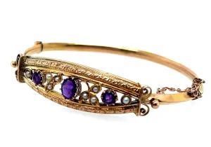 Amethyst & Pearl 9ct Yellow Gold Hinged Vintage Bangle