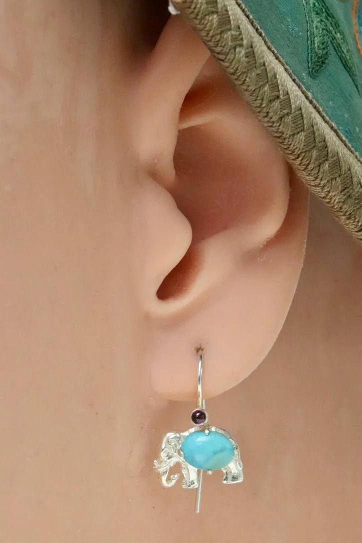 Andhra Elephant Silver Turquoise Earrings