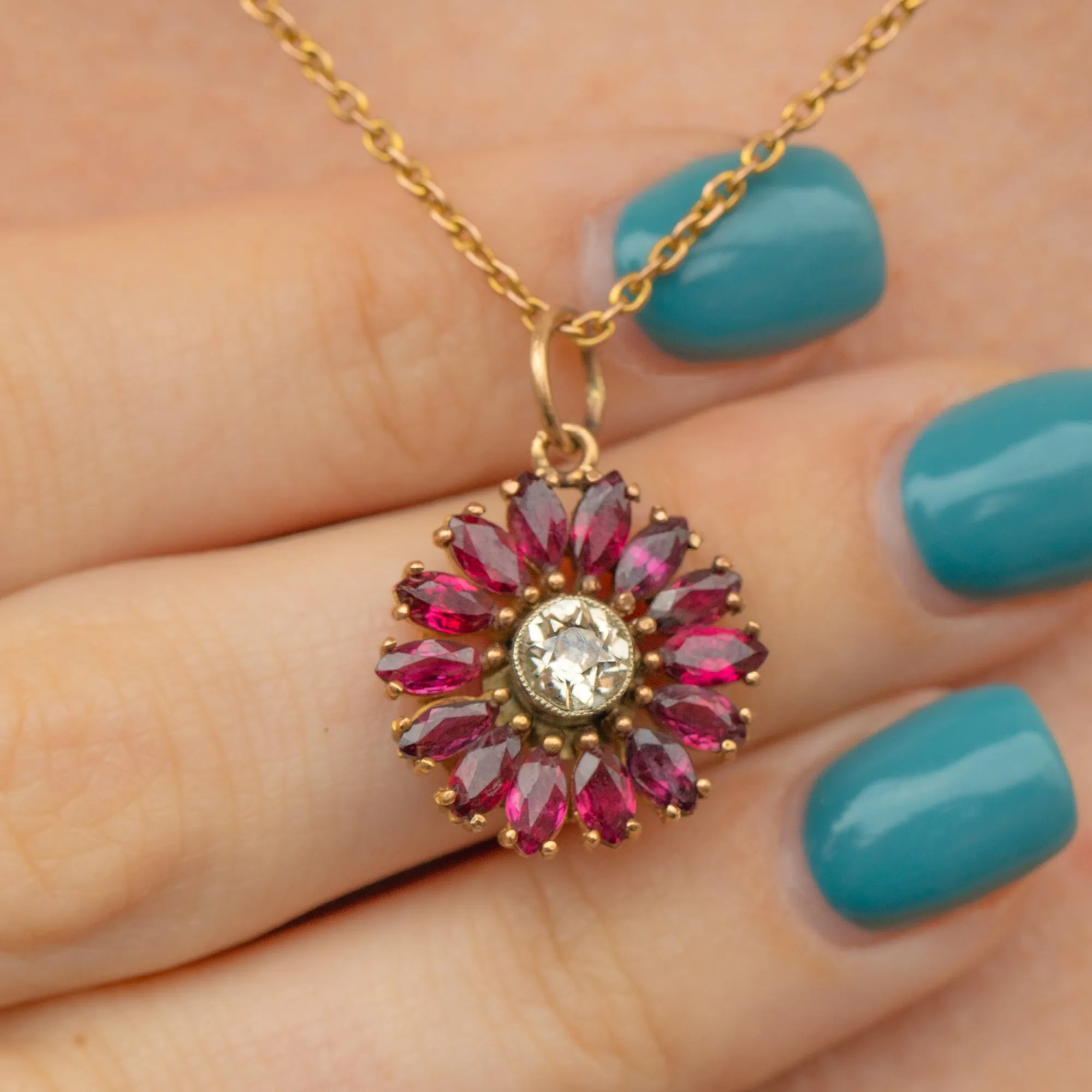 Antique 18ct Gold Ruby Diamond Flower Pendant, 0.50ct Diamond