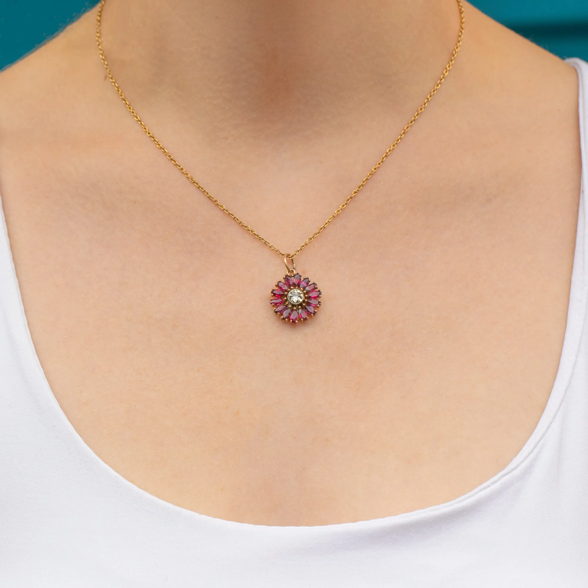 Antique 18ct Gold Ruby Diamond Flower Pendant, 0.50ct Diamond