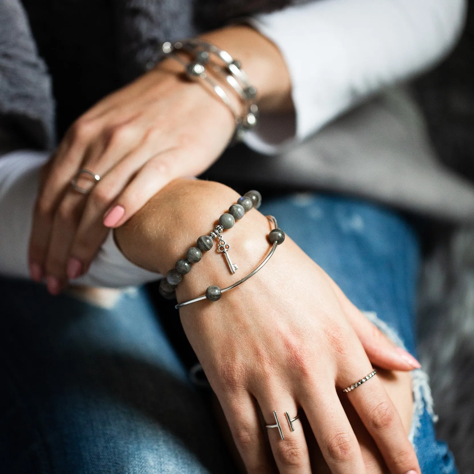 Baby Feet | Stone Beaded Charm Bracelet | Angelite