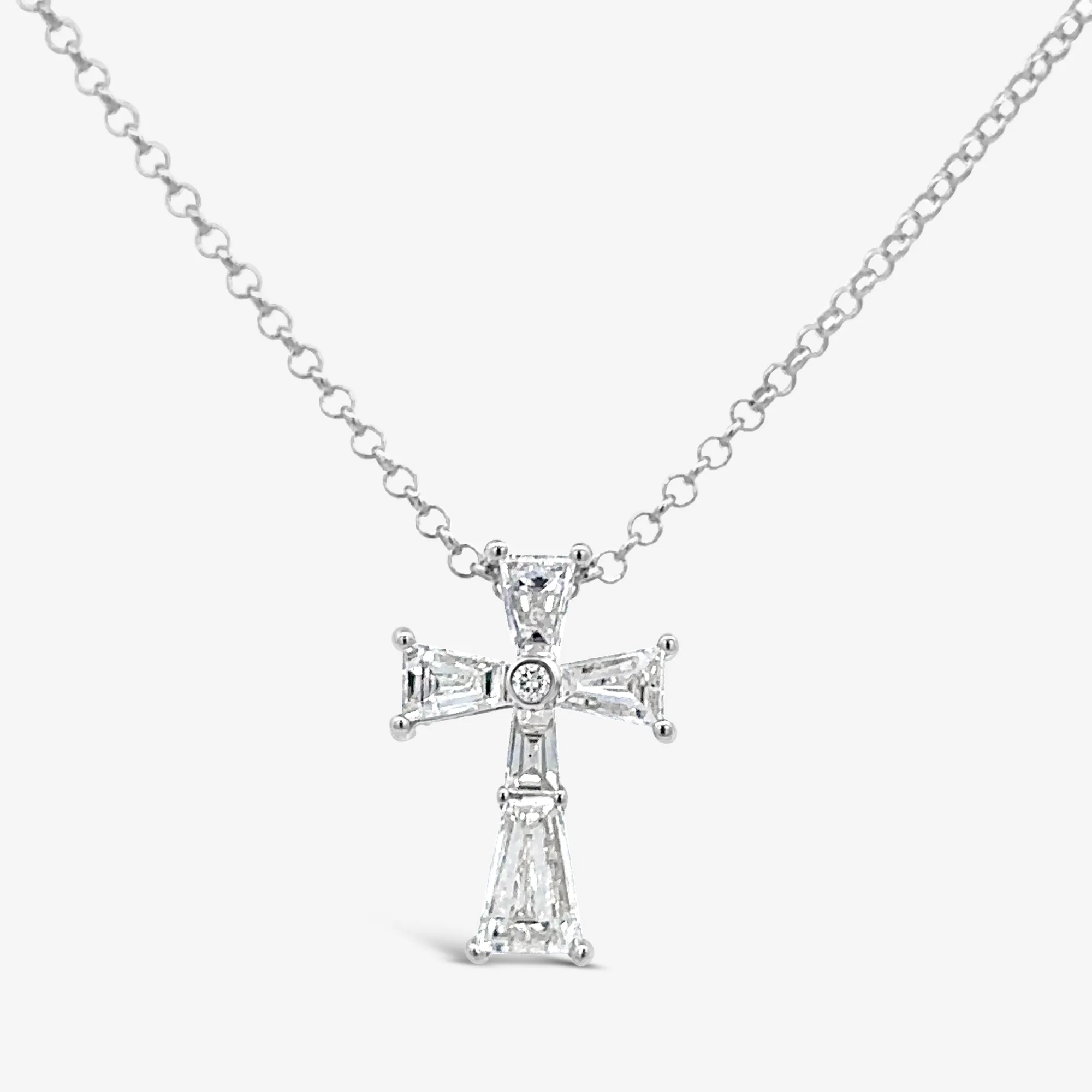 Baguette and Round Diamond Medium Cross Necklace