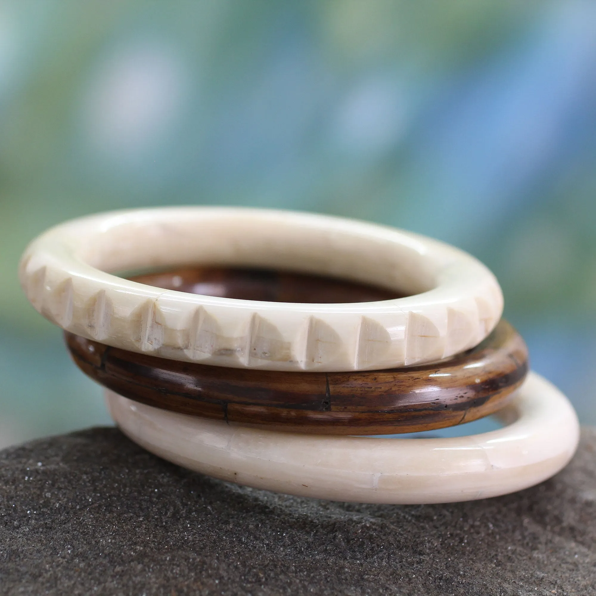 Bangle Bracelets Carved by Hand from Bone (Set of 3) - Delhi Harmony | NOVICA