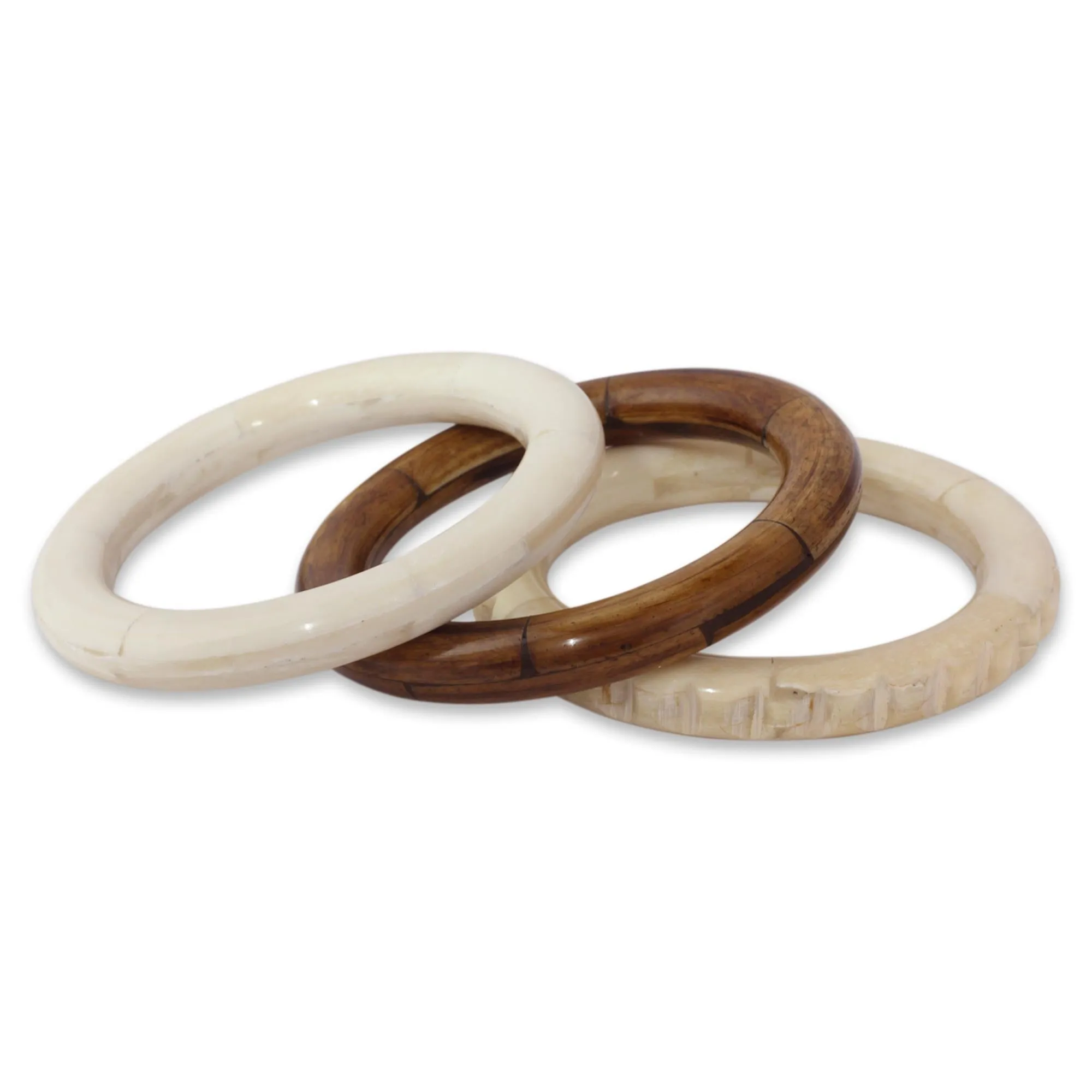 Bangle Bracelets Carved by Hand from Bone (Set of 3) - Delhi Harmony | NOVICA