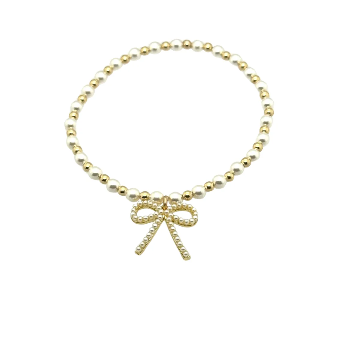 bara boheme - "MAY   FWP BOW" Charm Gold Filled & Pearl Beaded Bracelet: 14K Gold Filled beads / Stretchy 6.5"