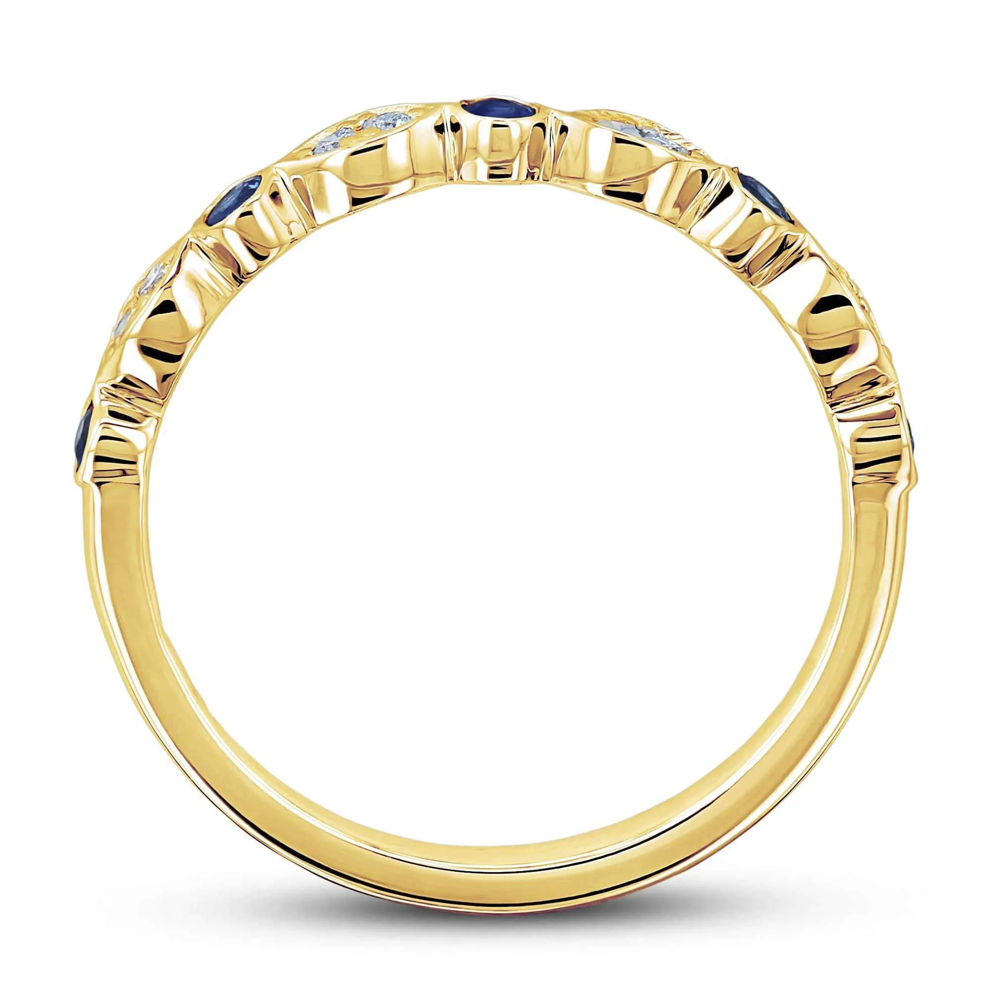 Bezel Sapphire Pave Diamond Patterned Gold Band