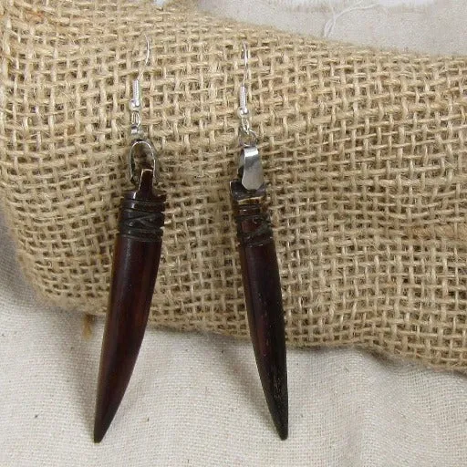 Big Bold African Brown Bone Tooth Bead Drop Earrings