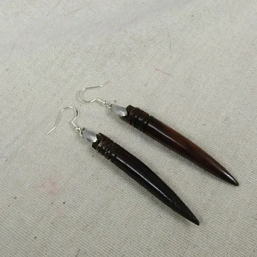 Big Bold African Brown Bone Tooth Bead Drop Earrings