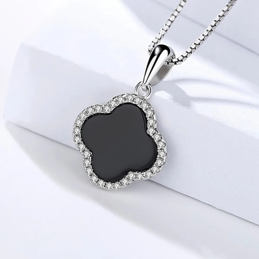 Black Onyx CZ 4 Leaf Clover Pendant Necklace