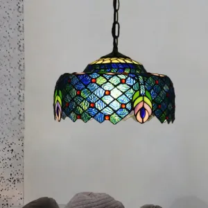 Blue and Green Tiffany Glass Drum Hanging Lamp - Hand Cut Peacock Tail Pattern - 1-Light Ceiling Light Kit