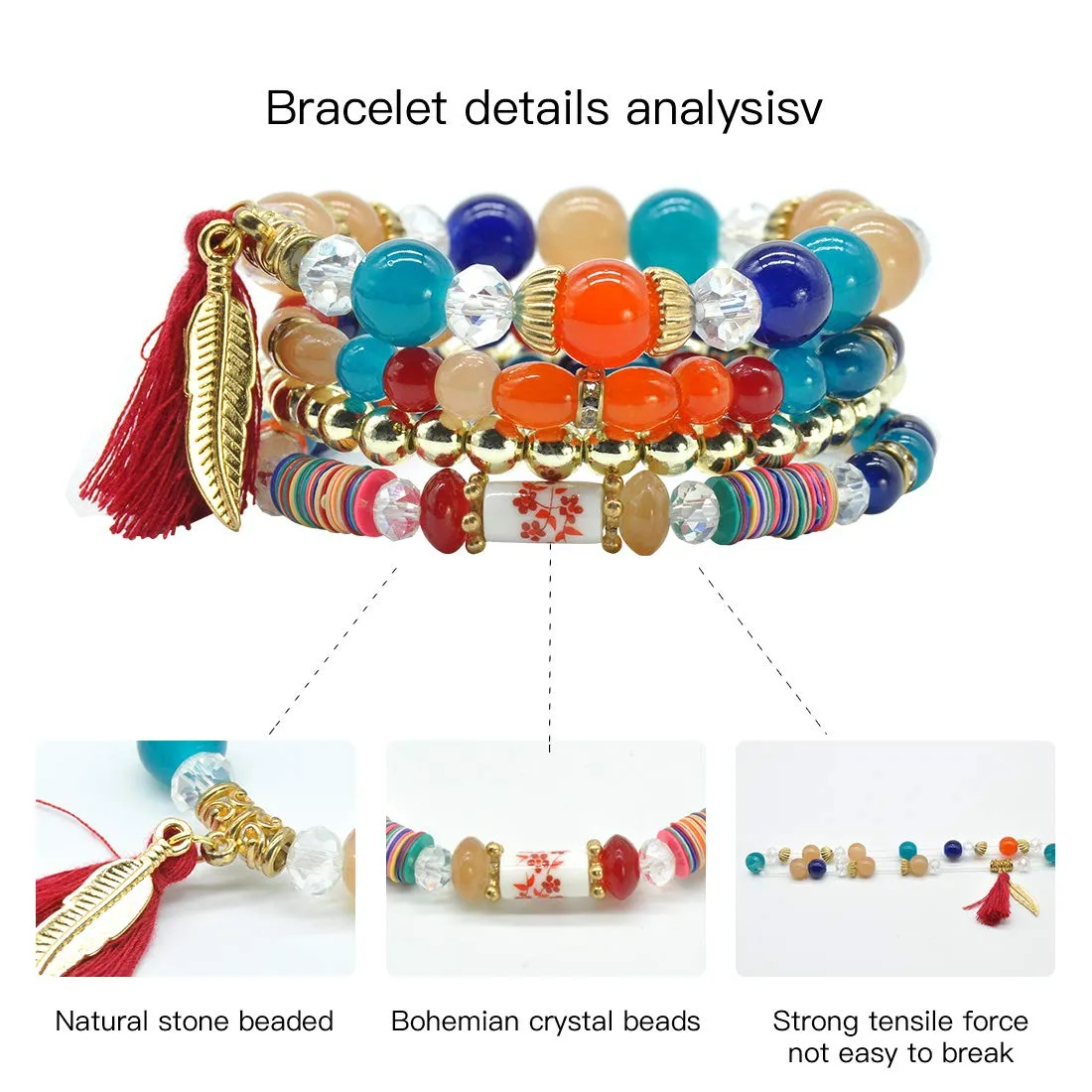 Bohemian Bracelet Sets for Women 6 Stackable Stretch Bracelets Multi-color Boho Jewelry Hippie Dainty (Bohemian stackable bracelet)