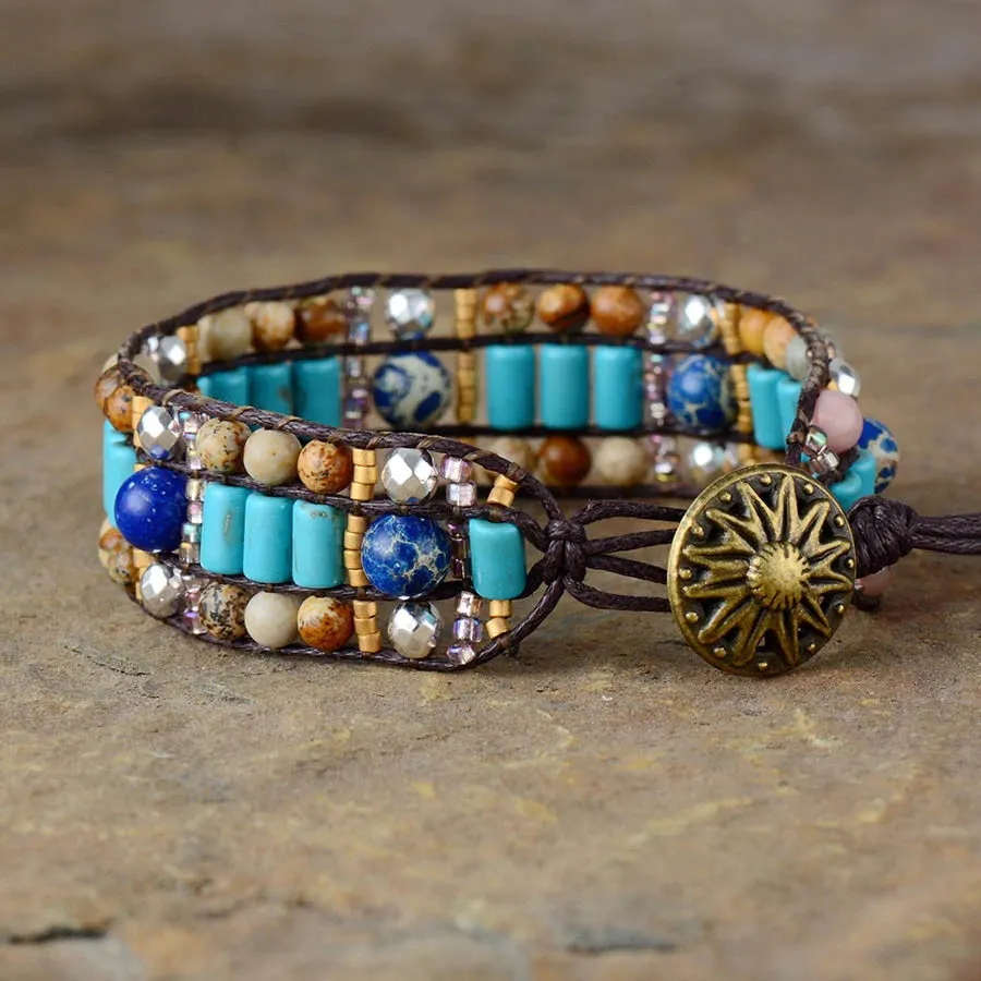 Bohemian Turquoise Jasper Beaded Cuff Bracelet