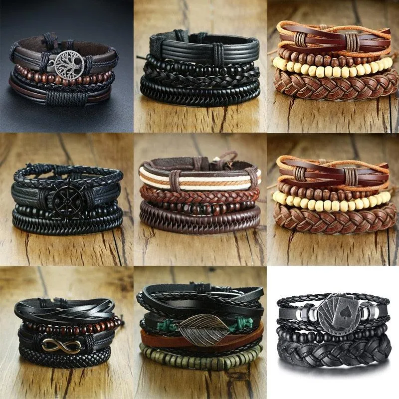 Boho Braided Wrap Leather Wristbands Set