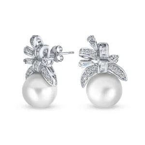 Bridal Ribbon CZ White Stud Imitation Pearl Earrings Sterling Silver