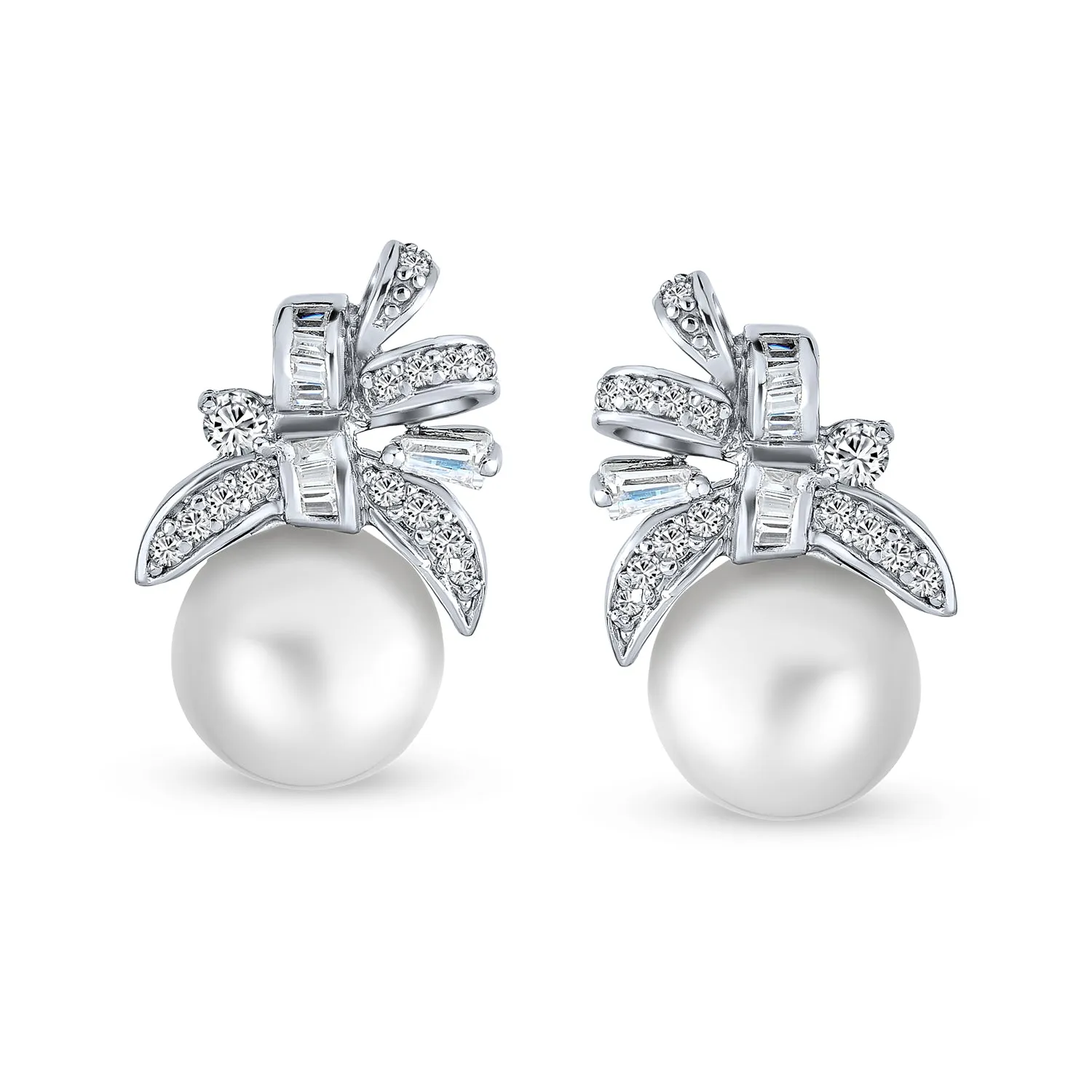 Bridal Ribbon CZ White Stud Imitation Pearl Earrings Sterling Silver