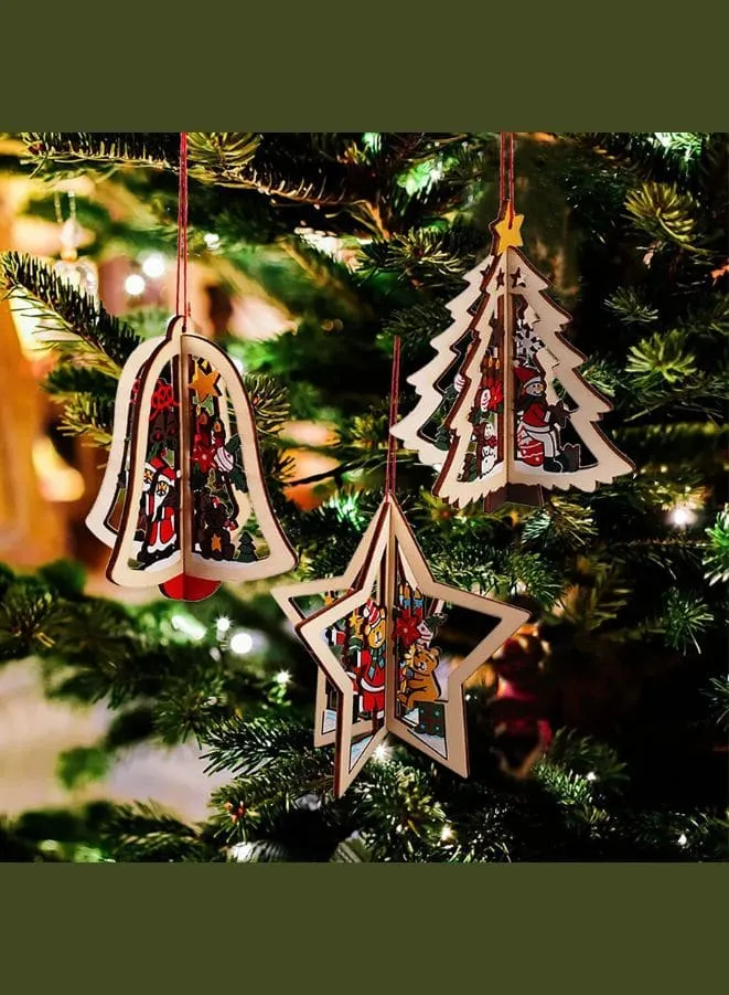 Christmas Tree Pendants Wooden Hollow 3D Ornaments for Party Decoration