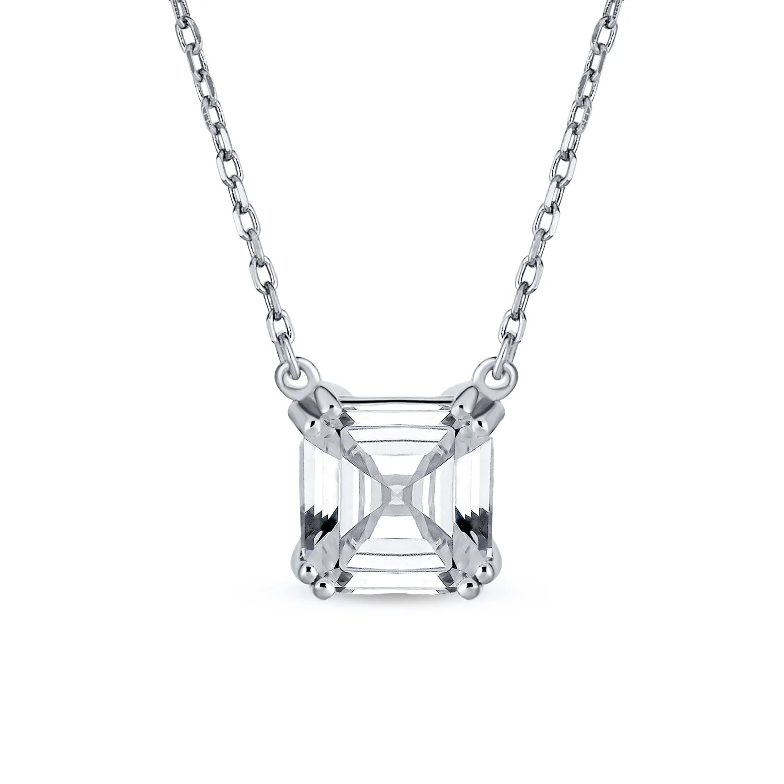 Classic Bridal Necklace 2 CTW Solitaire Square CZ Asscher Cut Pendant Sterling Silver