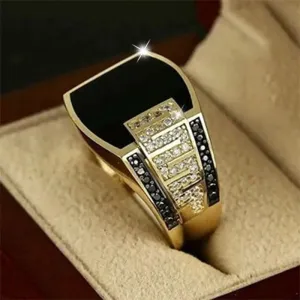 Classic Men's Ring Fashion Metal Gold Color Inlaid Black Stone Zircon Punk Rings for Men Engagement Wedding Luxury  Jewelry