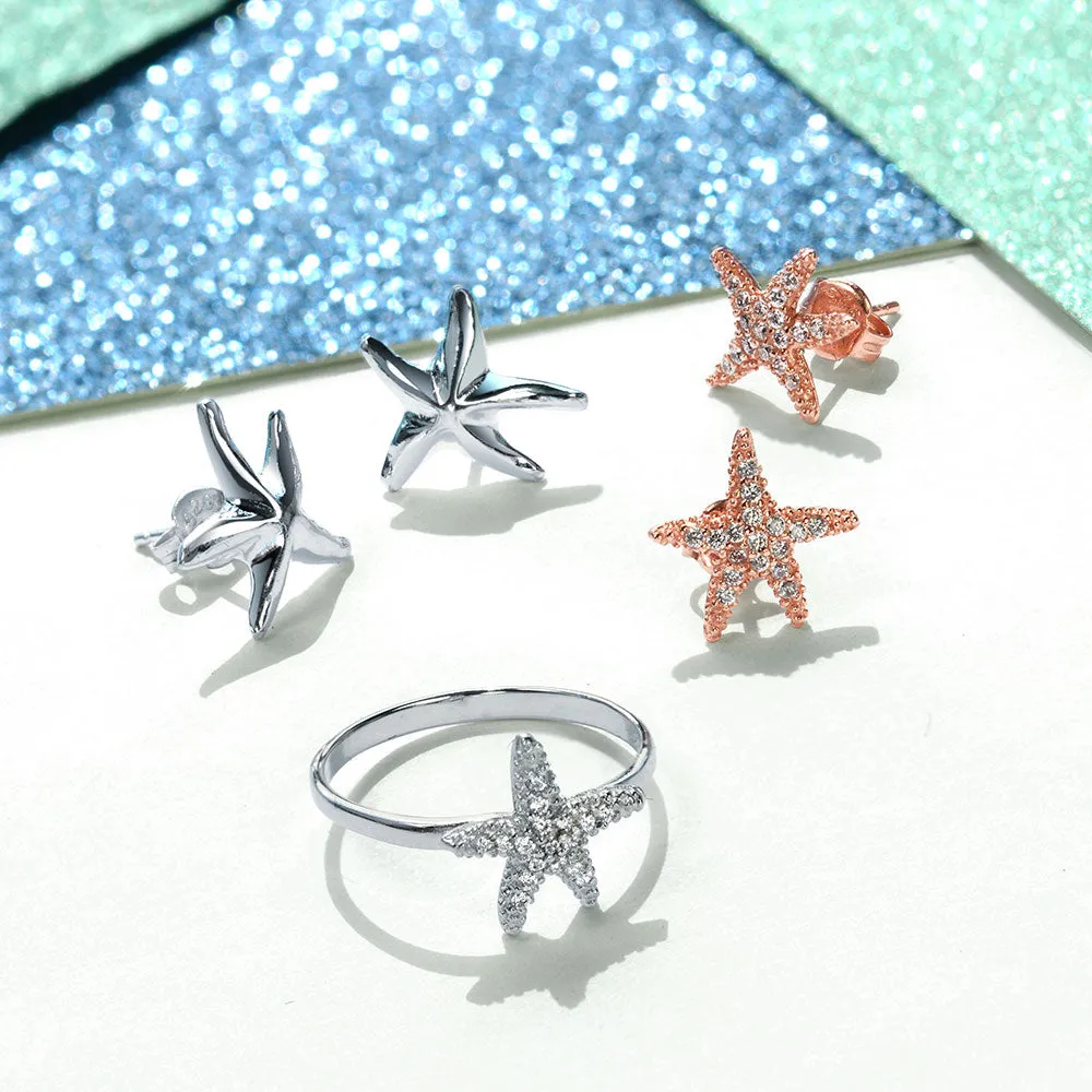 Cocktail Statement Ring: Pave CZ Starfish on Sterling Silver Nautical Beach Style