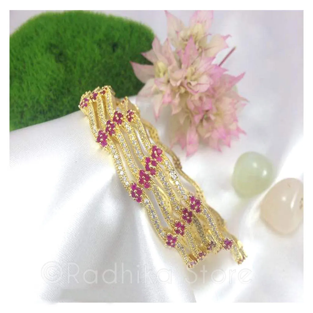 Crystal With Pink Ruby Flowers Bangles - Bollywood Collection