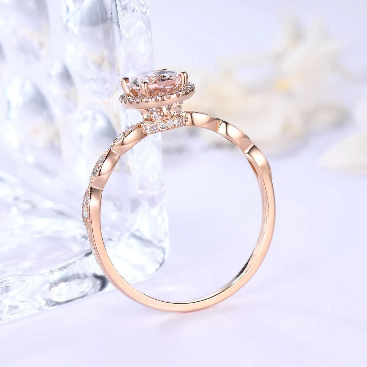 Diamond Halo Oval Pink Ruby Engagement Ring Birthstone in 14k Rose Gold Scalloped Band